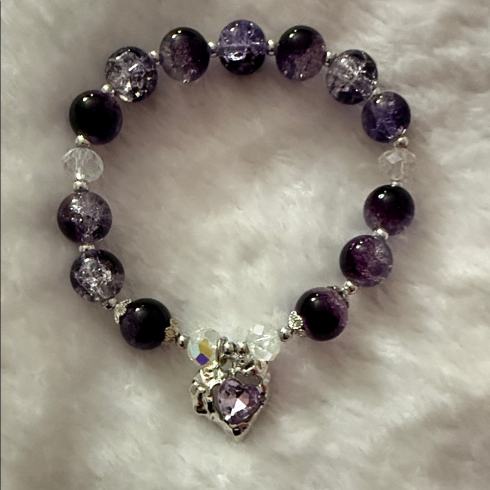 Purple Beaded Bracelet with Heart Charm W/Box